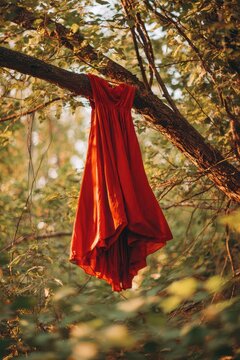 Vertical shot of a bright red dress hanging from a tree branch in a sunlit forest