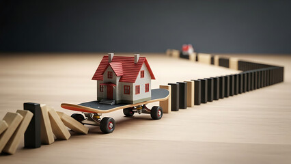 Concept of Moving House with Miniature Home on Skateboard and Domino Effect