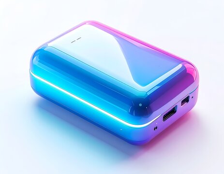 Shiny, futuristic tech device with vibrant blue/pink lighting on white - Powered by Adobe
