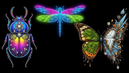 Surreal mechanical insects with neon lights and clockwork details