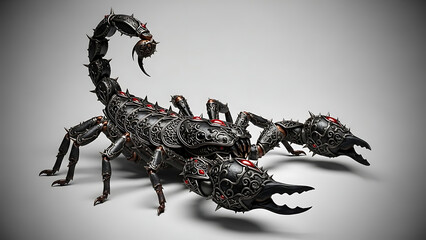 Ornate mechanical scorpion with black armor and red jewels