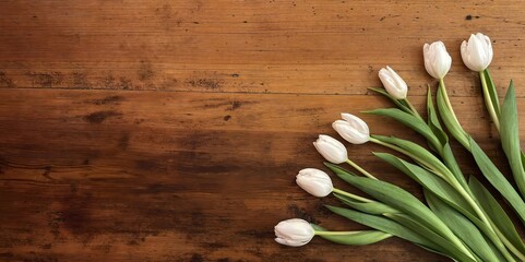 White tulips on rustic wooden table with copy space &ndash; spring floral arrangement for seasonal greeting