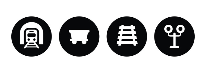 Circular Railway and Transit Icon Set - White Minimalist Transport Vector Symbols on Black