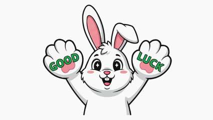 Obraz premium Cute cartoon bunny wishing good luck with raised paws