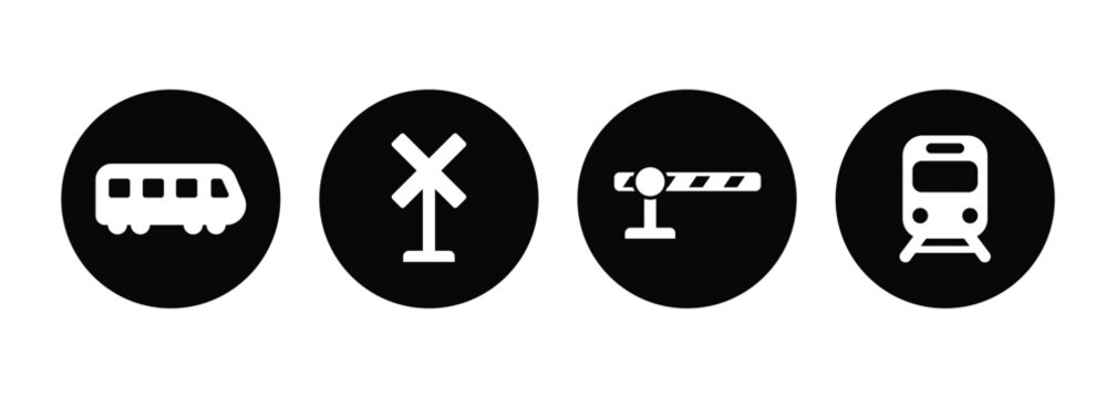 Circular Railway Safety Icon Set - White Minimalist Transit Vector Symbols on Black
