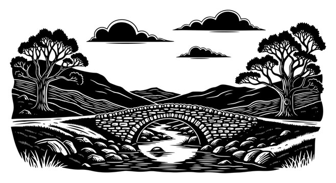 Stone arch bridge over river with trees in vintage woodcut landscape style