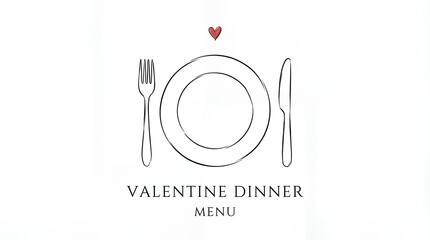 Valentine Dinner Menu Text with Plate and Cutlery Sketch Illustration
