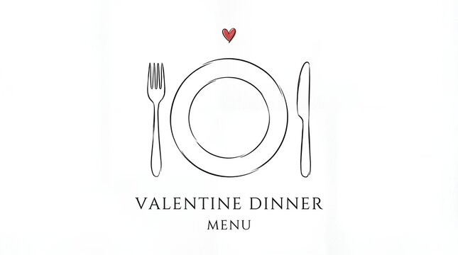 Valentine Dinner Menu Text with Plate and Cutlery Sketch Illustration
