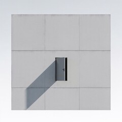 A minimalist gray wall with a small open door casting a shadow on the surface - surrealism.
