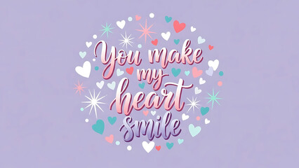 Colorful typographic design with hearts and stars on purple background