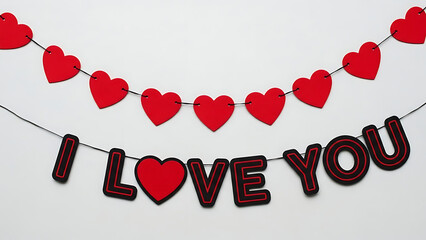 Valentines day decoration with red hearts and love message on white
