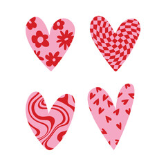 Set of different hand drawn textured heart shapes. Red heart Love symbol with various abstract patterns for Valentines Day. Vector art illustration isolated on white background