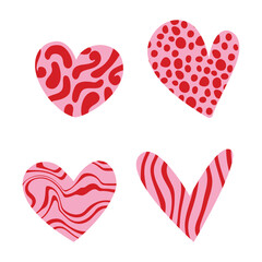 Set of different hand drawn textured heart shapes. Red heart Love symbol with various abstract patterns for Valentines Day. Vector art illustration isolated on white background