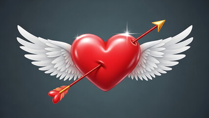 A red heart with white wings and an arrow through it on dark background
