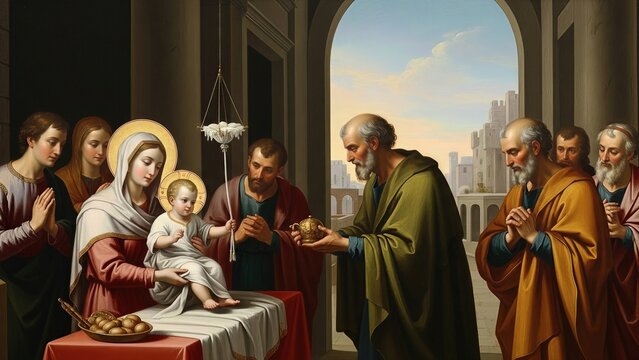 Infant Jesus Christ's sacred Temple presentation, a holy family dedication moment. Divine prophecy fulfillment, spiritual grace, covenant promise, eternal blessing.
