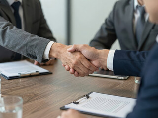 Obraz premium A professional handshake between two businesspeople in a meeting, symbolizing agreement and collaboration. Documents and glasses of water are visible on the table.