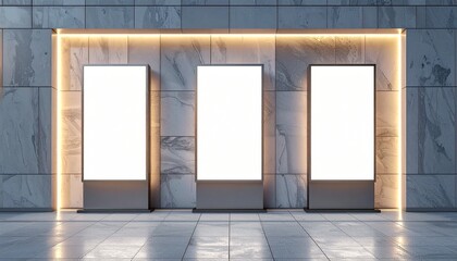 Three illuminated blank billboards on a tiled wall reflecting on a polished floor