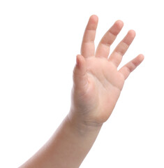 Little girl showing palm on white background, closeup