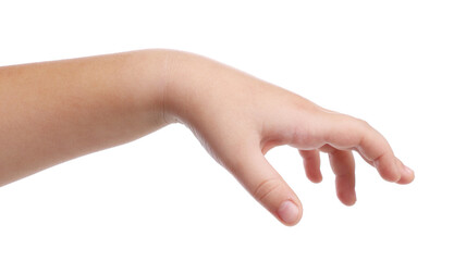 Little girl holding something on white background, closeup