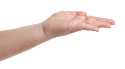 Little girl holding something on white background, closeup