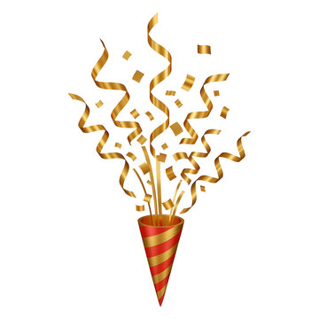 Golden Party Popper with Curling Streamers Isolated PNG with Transparent Background