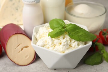 Different fresh dairy products, tomatoes and basil on grey textured table, closeup