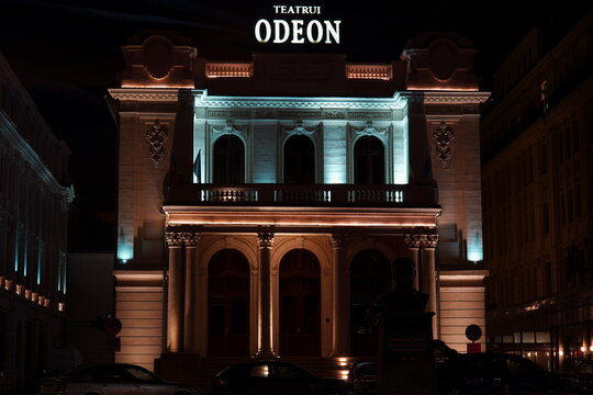 Bucharest, Romania &ndash; January 2, 2026: Odeon Theater on Calea Victoriei Boulevard at night
