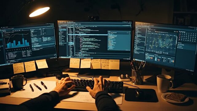A focused individual coding at multiple monitors in a dimly lit workspace, showcasing modern programming tools and a creative setup.