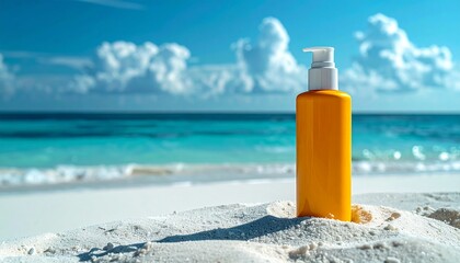 Sunscreen bottle on a sandy beach under a blue sky, ideal for sun protection and beach vacation.