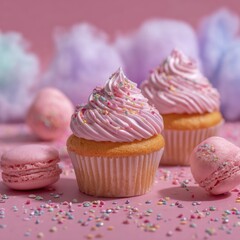 Playful assortment of pink sweets with sprinkles and frosting. The composition feels light, joyful, and visually sweet.