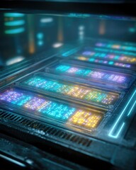 Futuristic DNA sequencer featuring holographic gene sequences. Clean lighting enhances the sterile laboratory atmosphere.