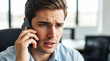 A focused young man on a phone call in an office setting, showcasing modern professional communication.