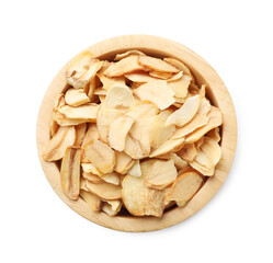 Dried garlic flakes in bowl isolated on white, top view