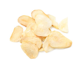 Pile of dried garlic flakes isolated on white, top view