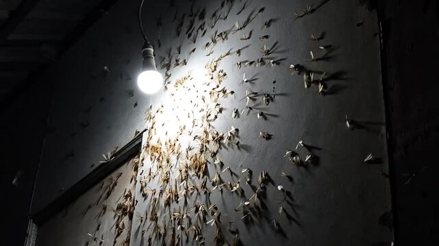 Authentic footage of a swarm of flying termites (laron) circling around an outdoor light at night. Includes real cricket sounds, capturing the dramatic rural setting and nocturnal insect behavior