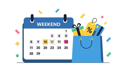 Vibrant Weekend Calendar and Shopping Bag Illustration for Leisure Planning and Lifestyle.