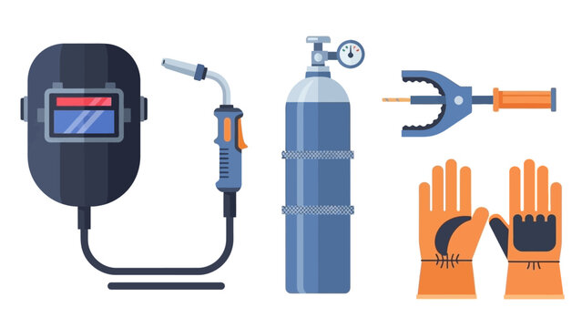 Industrial welding setup with helmet, torch, gas cylinder, and protective gloves.