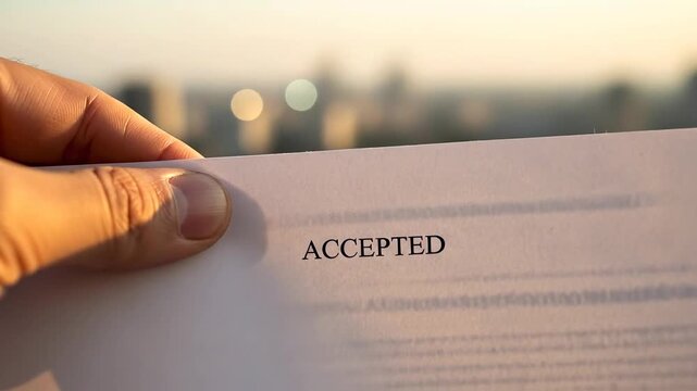 A hand holding an accepted letter, symbolizing success and achievement in professional endeavors against a blurred city background.