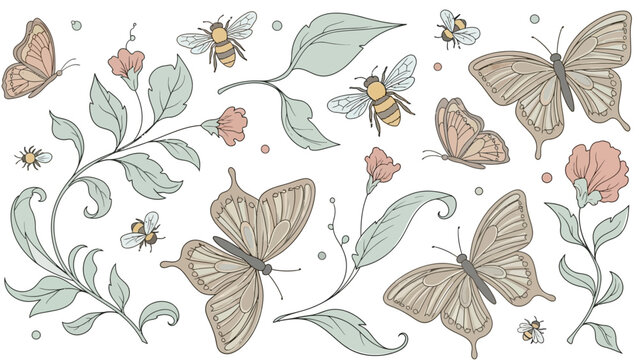 Butterflies and Bees on Floral Branches.