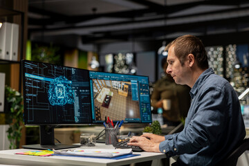 Fototapeta premium Expert developer using AI neural networks on 3D modeling program to design a new apartment floor plan, virtual assistant helps with furniture and layout on architectural software.