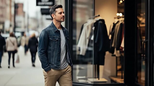 A man admires storefront displays while strolling through a vibrant city street, showcasing urban exploration and casual fashion.