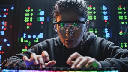Focused woman in futuristic glasses typing on a colorful glowing keyboard in a server room - Powered by Adobe