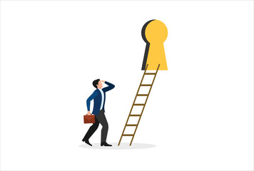 Fototapeta premium Business opportunity or ladder of success, challenge ahead for career development and personal improvement, motivation and inspiration concept, businessman climbing up ladder through secret keyhole.