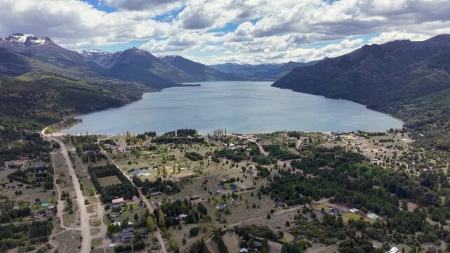 Aerial view of Lake and village Meliquina, in Neuquen, Argentina.
