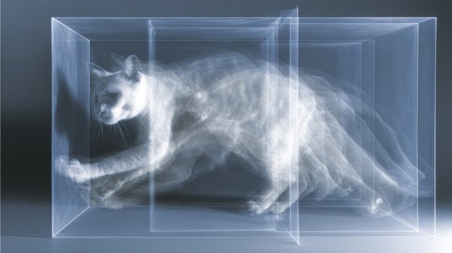 Surreal Depiction of Schrodingers Cat in a Transparent Box Showing Alive and Dead States in Layers Reflecting Quantum Mechanics Concepts