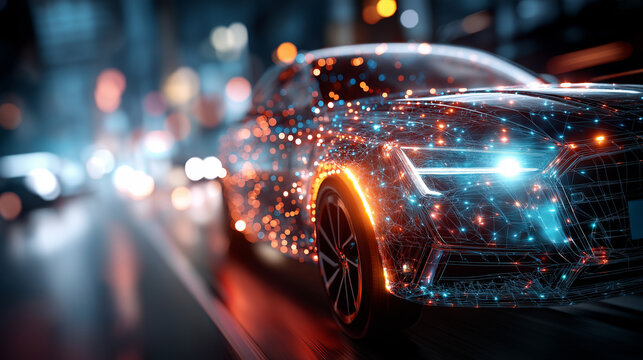 Futuristic car design illuminated with glowing dots, sleek modern aesthetic, defocused blurred dynamic setting, automotive technology art, with copy space