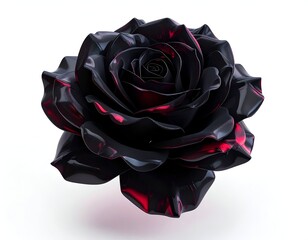 Close-up of a glossy black rose with hints of red on a white background