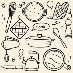 Hand Drawn Doodle Cooking Utensils and Food Preparation Items Seamless Illustration Set