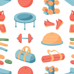 Seamless colorful fitness equipment pattern with dumbbells, sneakers, and training mats. Gym workout theme with sport gear and exercise tools in repeated style. Perfect for fitness decor or textile