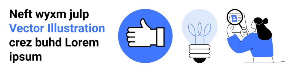 Obraz premium Business innovation, research, teamwork, productivity, feedback, technology concepts. Thumbs-up symbol, light bulb and a person examining a file. Innovation and research